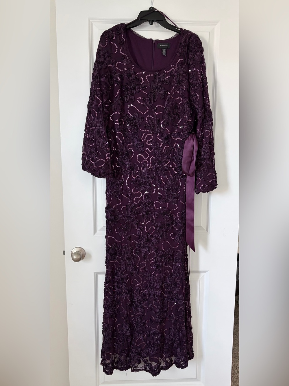 R&M Richards Deep Purple Beaded Lace Long Sleeve Evening Gown with Satin Sash